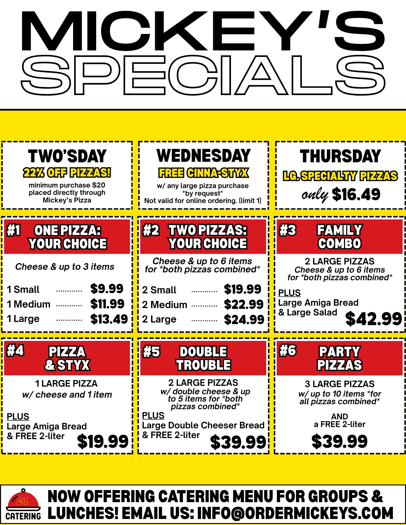 Menu from Mickey's Pizza featuring salads, subs, wings, and desserts.