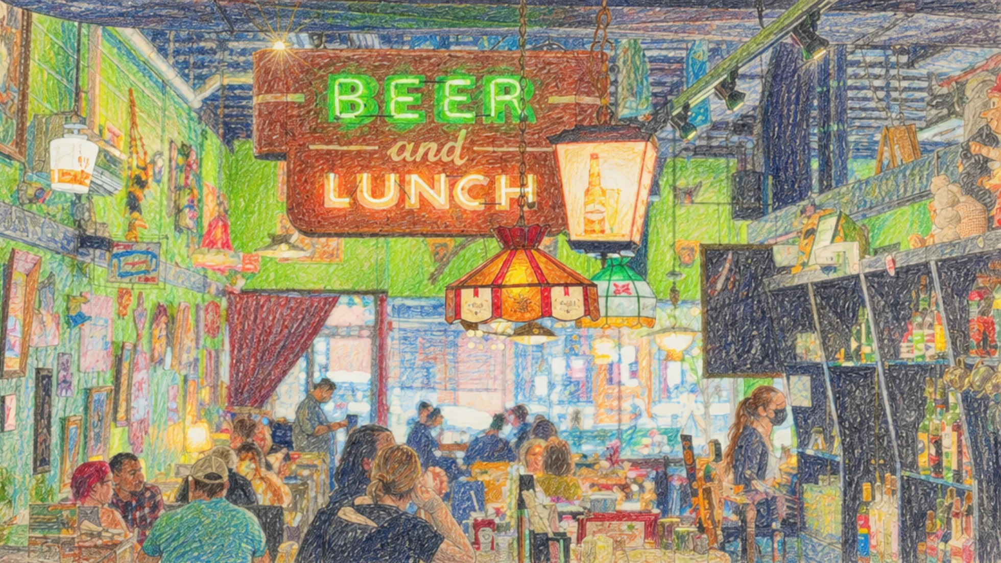 Watercolor sketch of the interior of Portsmouth NH Friendly Toast