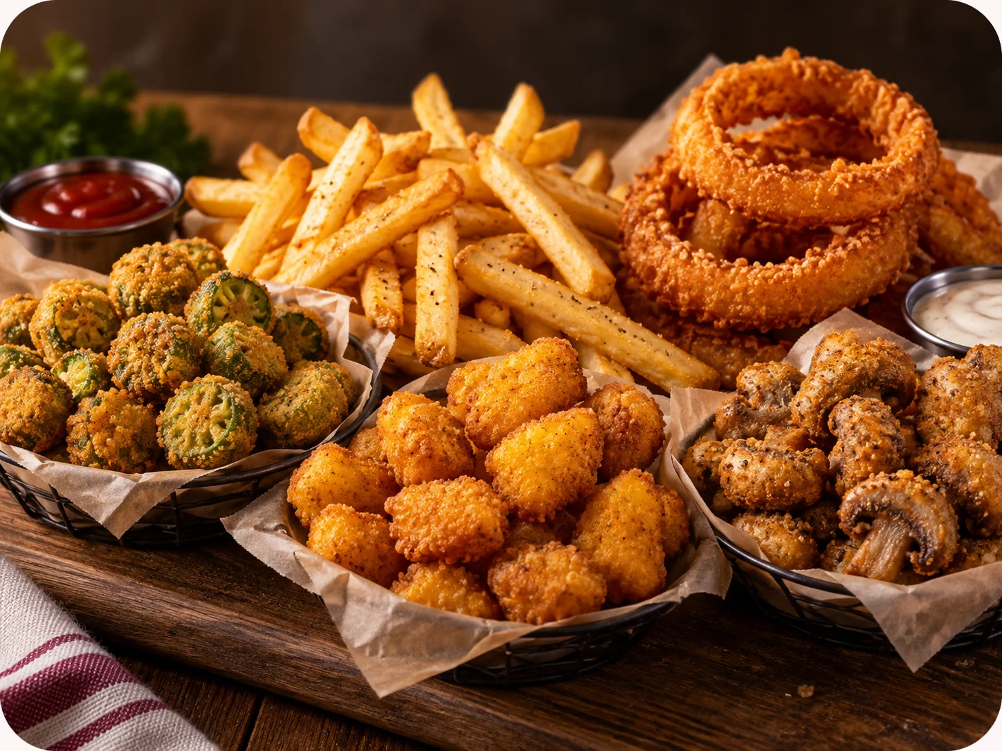 Southern-style fried appetizer platter with onion rings and fried vegetables