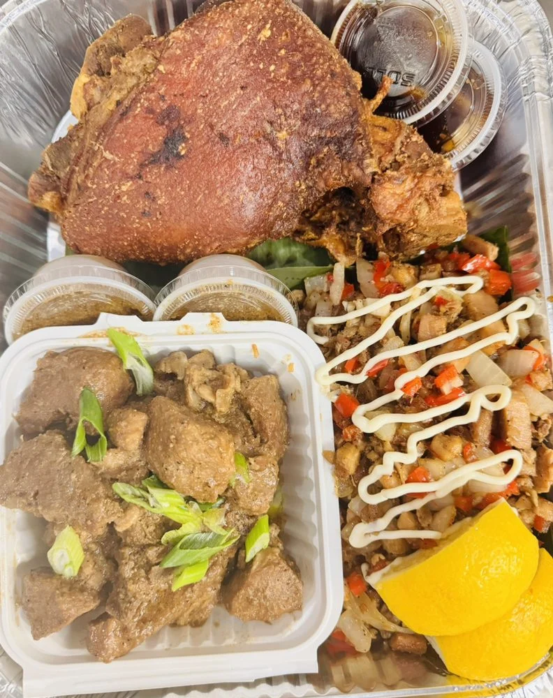 Filipino lechon kawali with pork, rice, and sauce