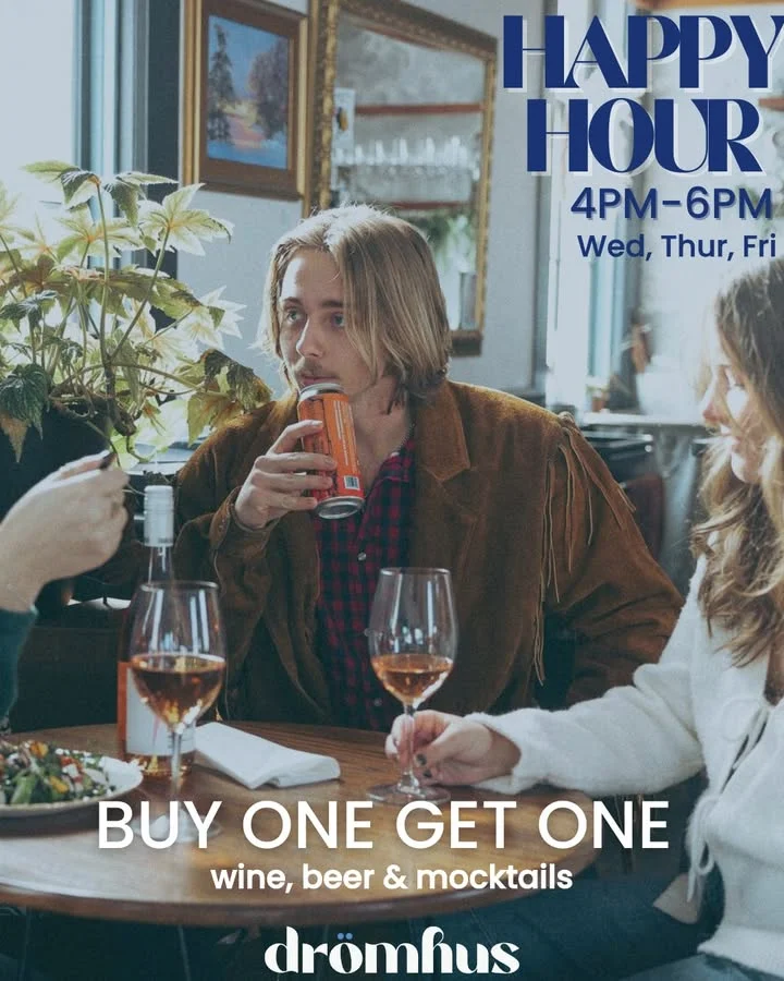 Happy hour promotion at a cozy restaurant with drinks and friends