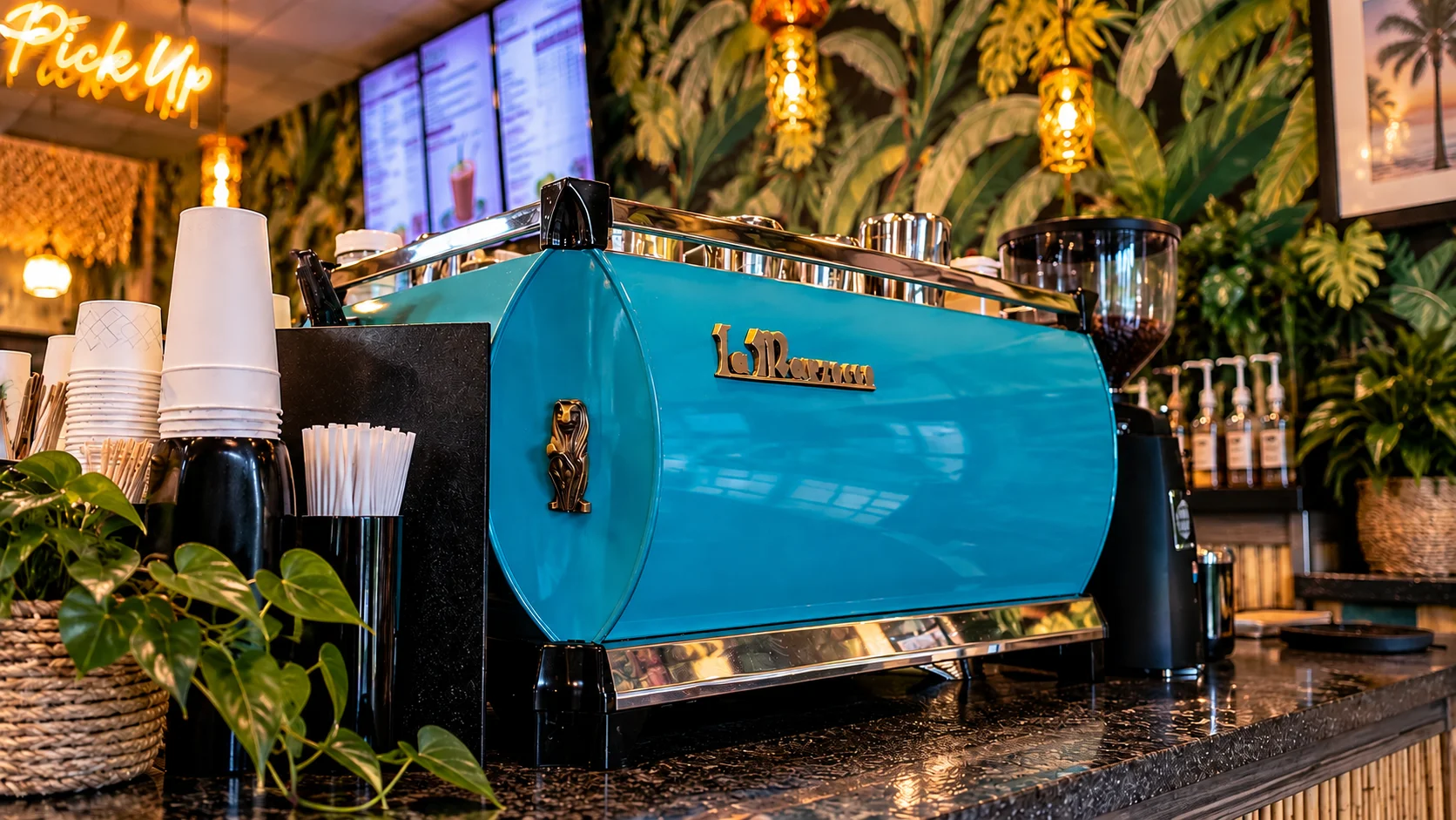 Vibrant coffee machine in a tropical-themed café interior