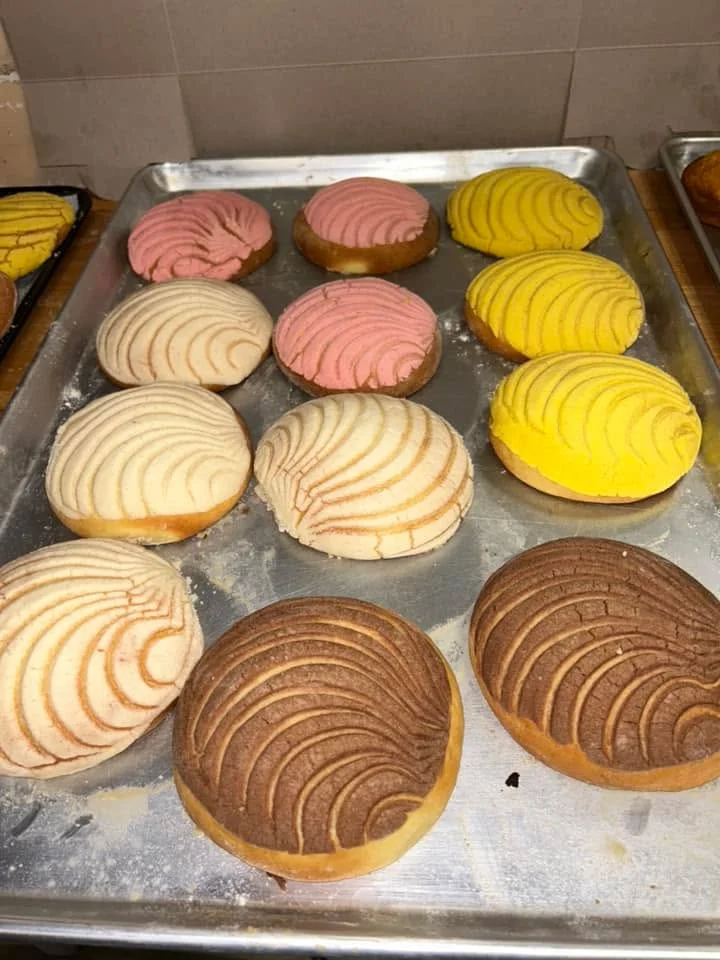 A tray of assorted sweet bread, including various colored conchas, showing a variety of textures and patterns.