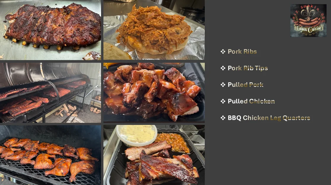 Smoky BBQ platter featuring pork ribs and chicken leg quarters