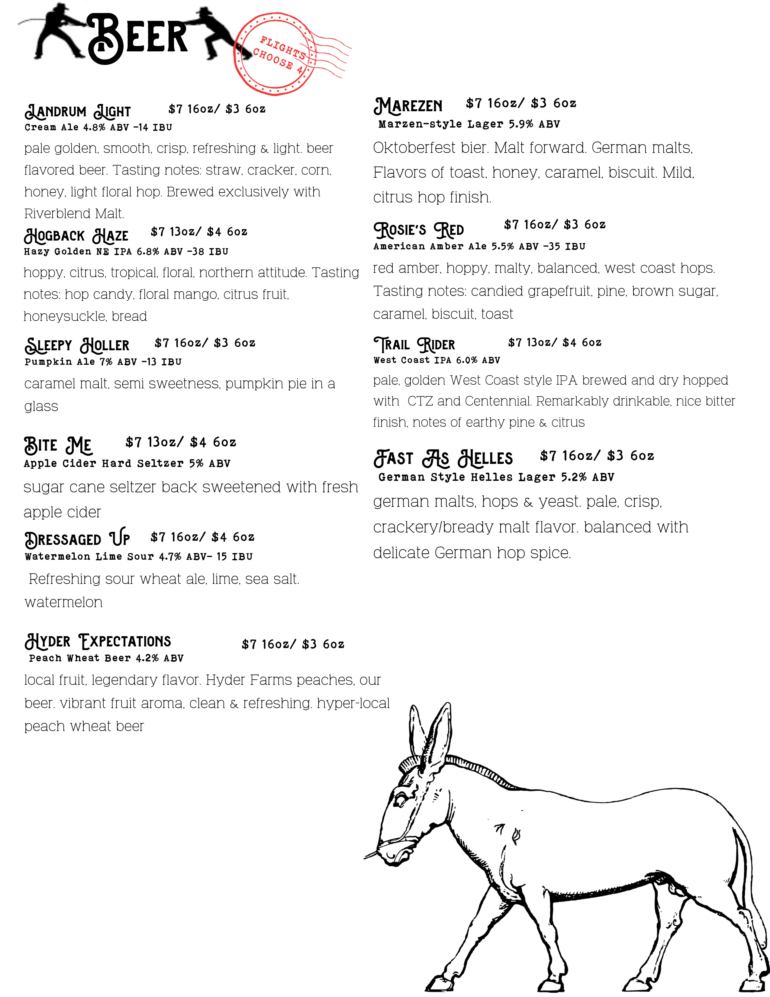Drink menu featuring a variety of cocktails and beverages at Stubborn Mule.