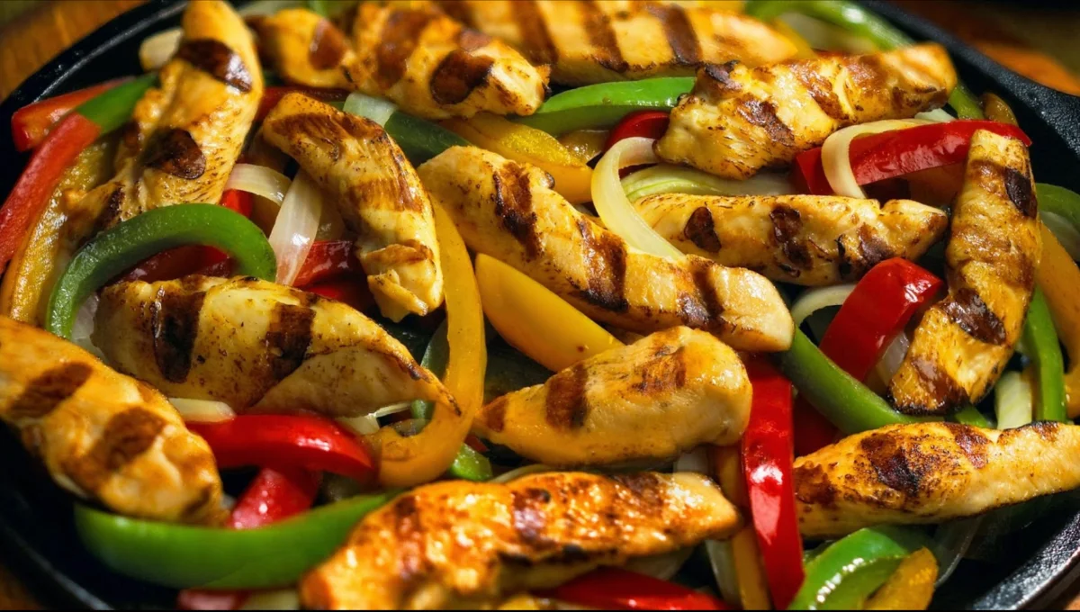 A vibrant skillet filled with grilled chicken strips and colorful bell peppers, served on a hot surface.
