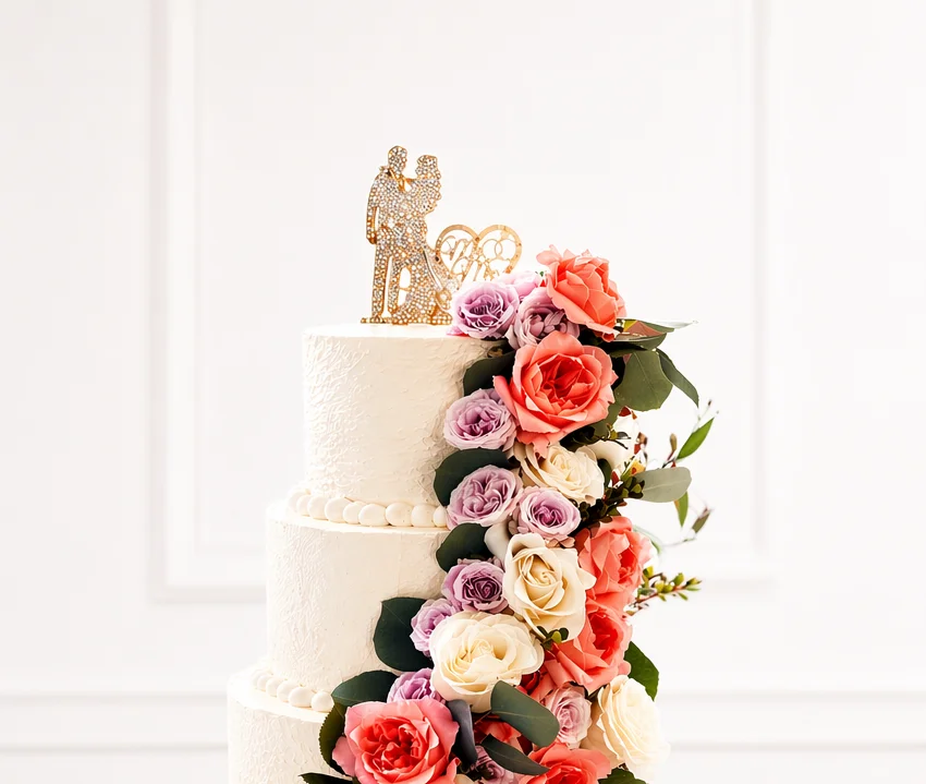 Four-tier wedding cake with elegant floral decorations and intricate design.