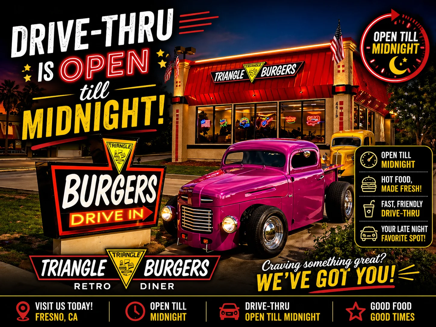Triangle Burgers drive-thru open till midnight in Fresno, CA.