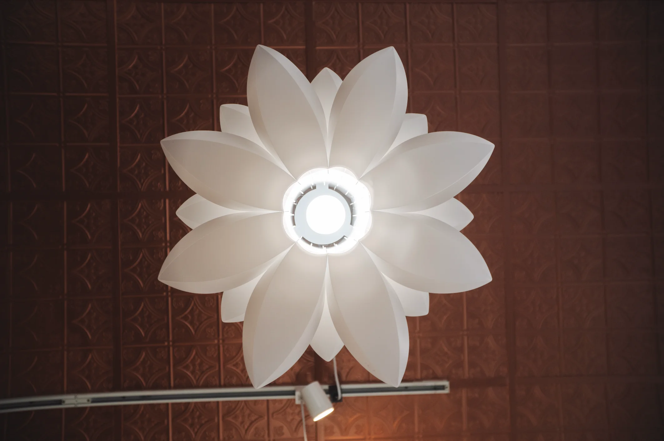 Stylish flower-shaped ceiling light in a restaurant