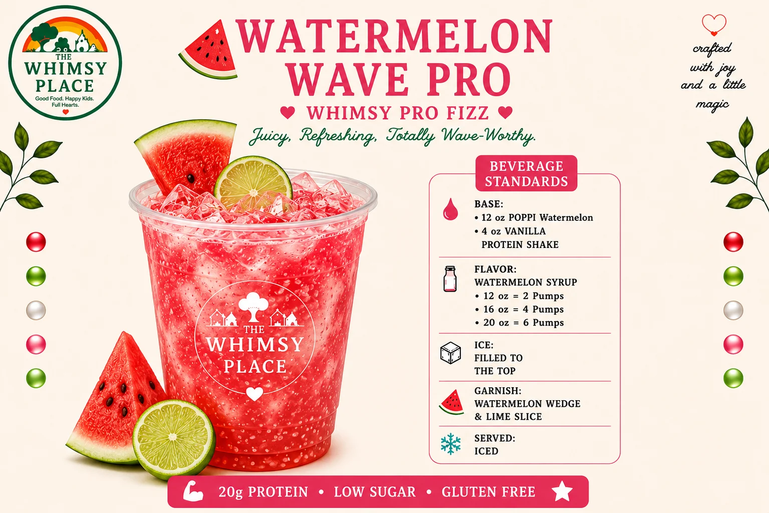 A promotional image of the 'Watermelon Wave Pro' beverage from Whimsy Place, showing a refreshing drink garnished with watermelon and lime.