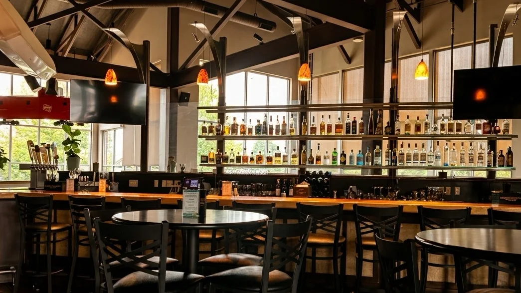 Charming restaurant exterior illuminated at night