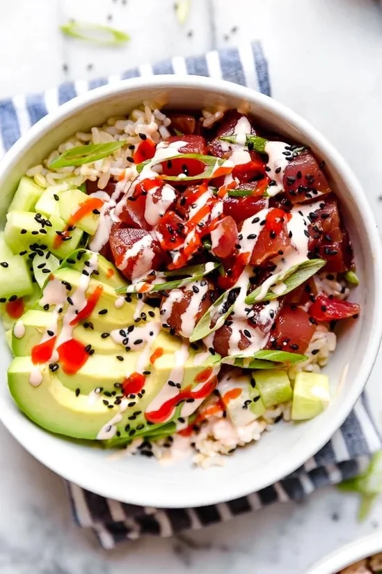 Hawaiian poke bowl with fresh tuna and avocado