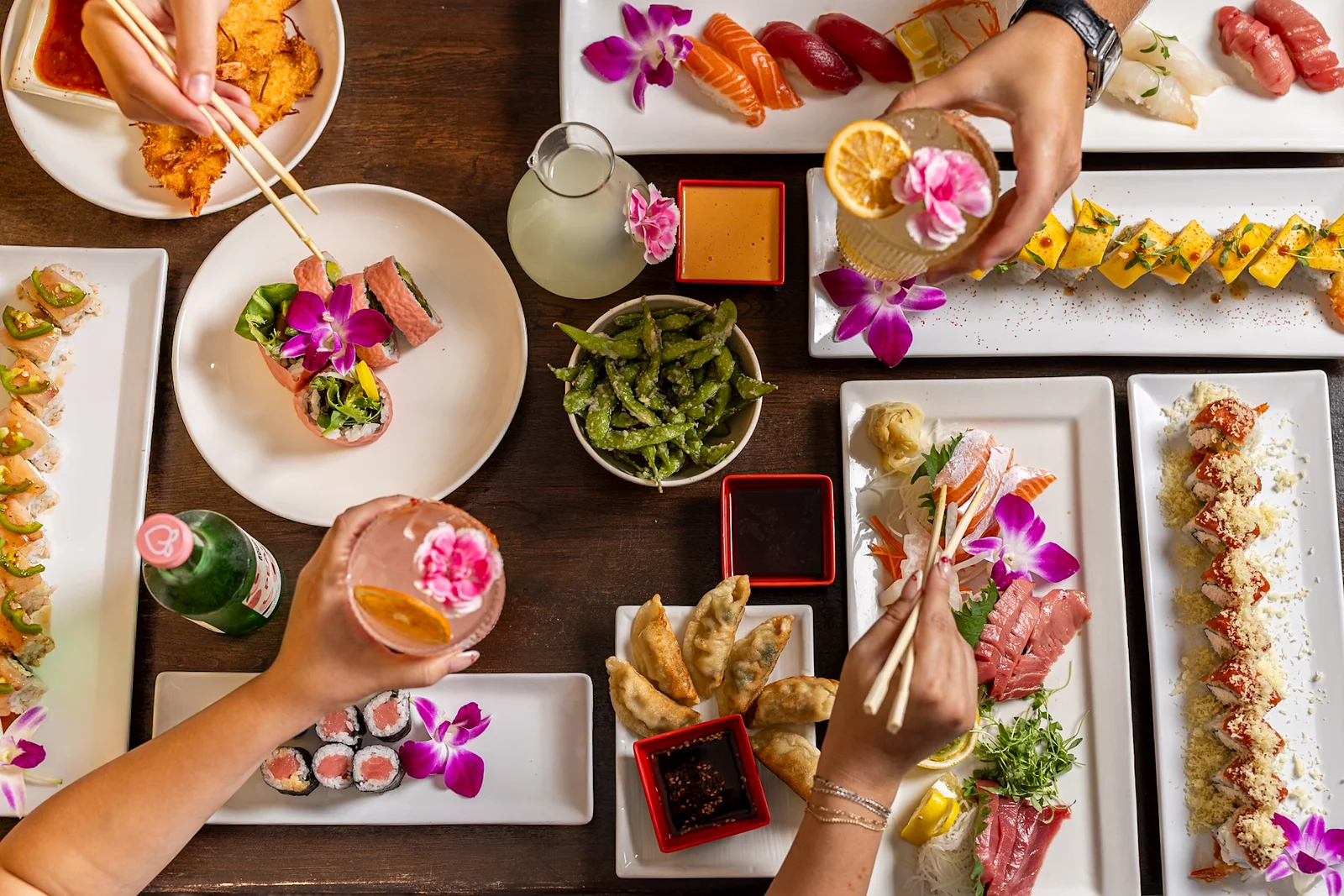 Japanese sushi platter with colorful rolls and sashimi