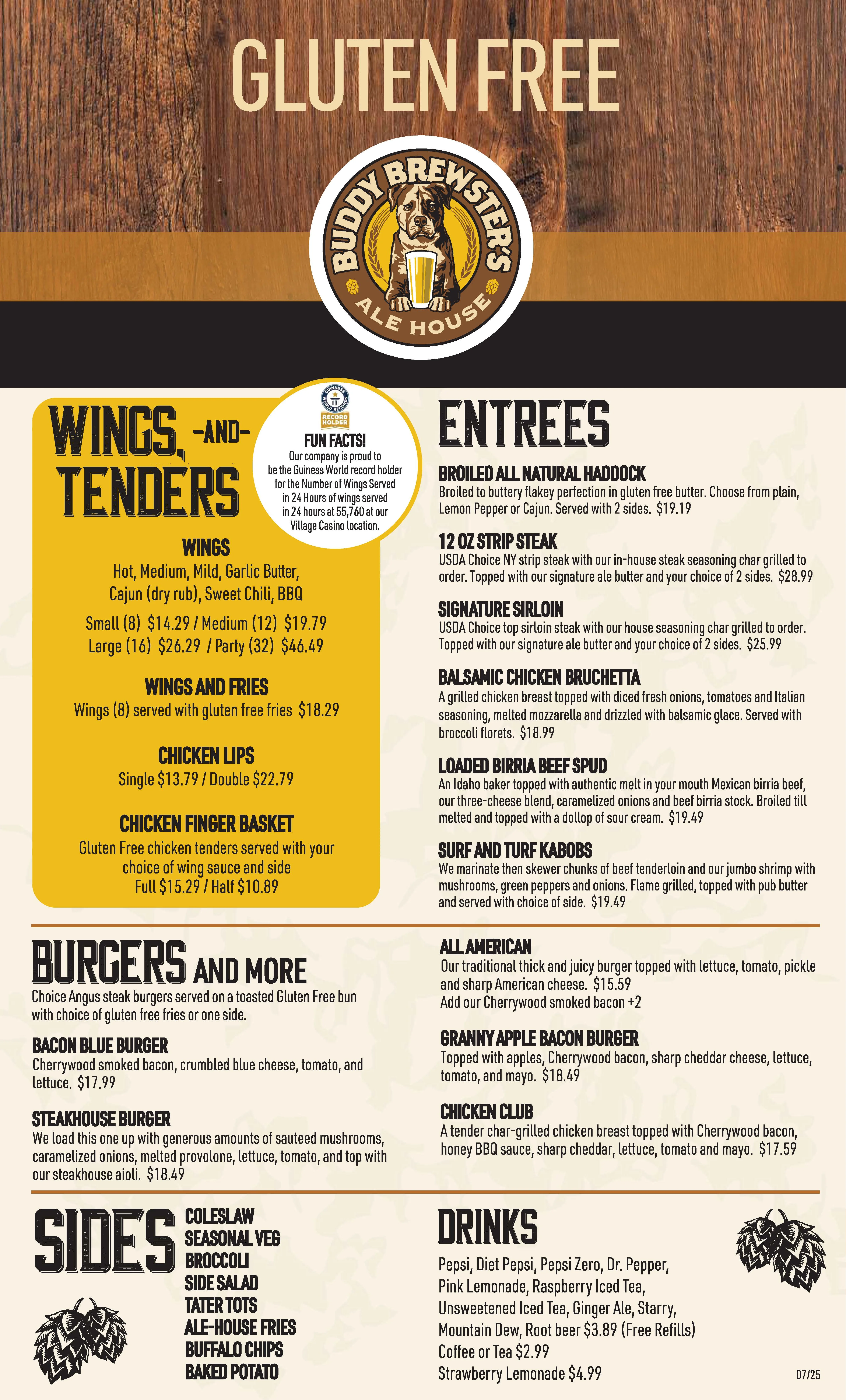 Gluten-free menu featuring wings, burgers, and entrees at a casual restaurant
