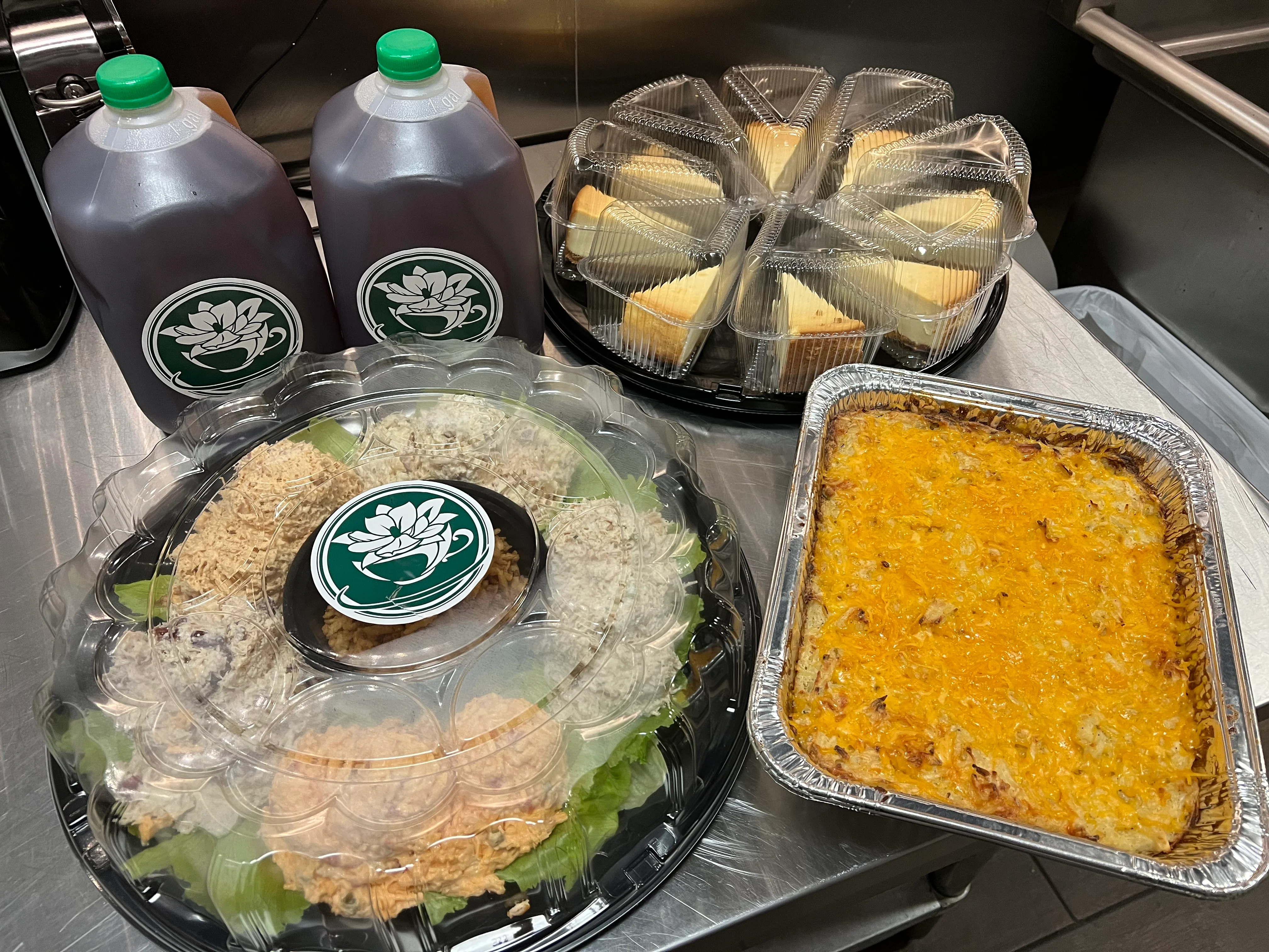 Assorted Southern-style dishes including casseroles and desserts