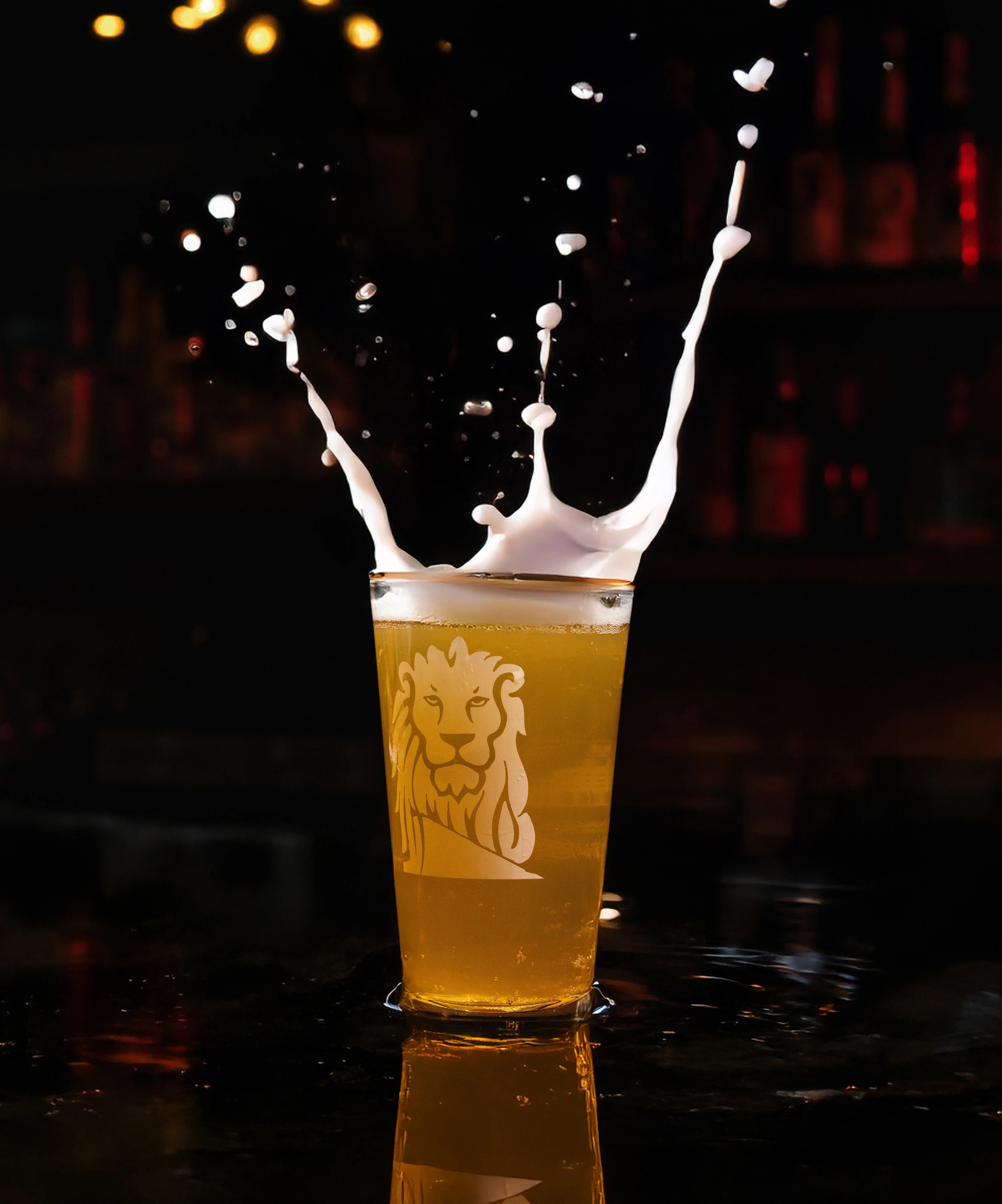 Refreshing beer with frothy splash in a bar setting
