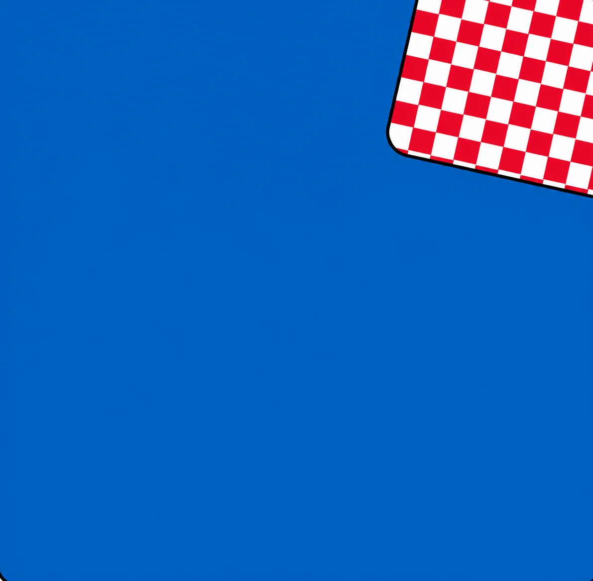 Blue graphic background with red and white checkerboard corner