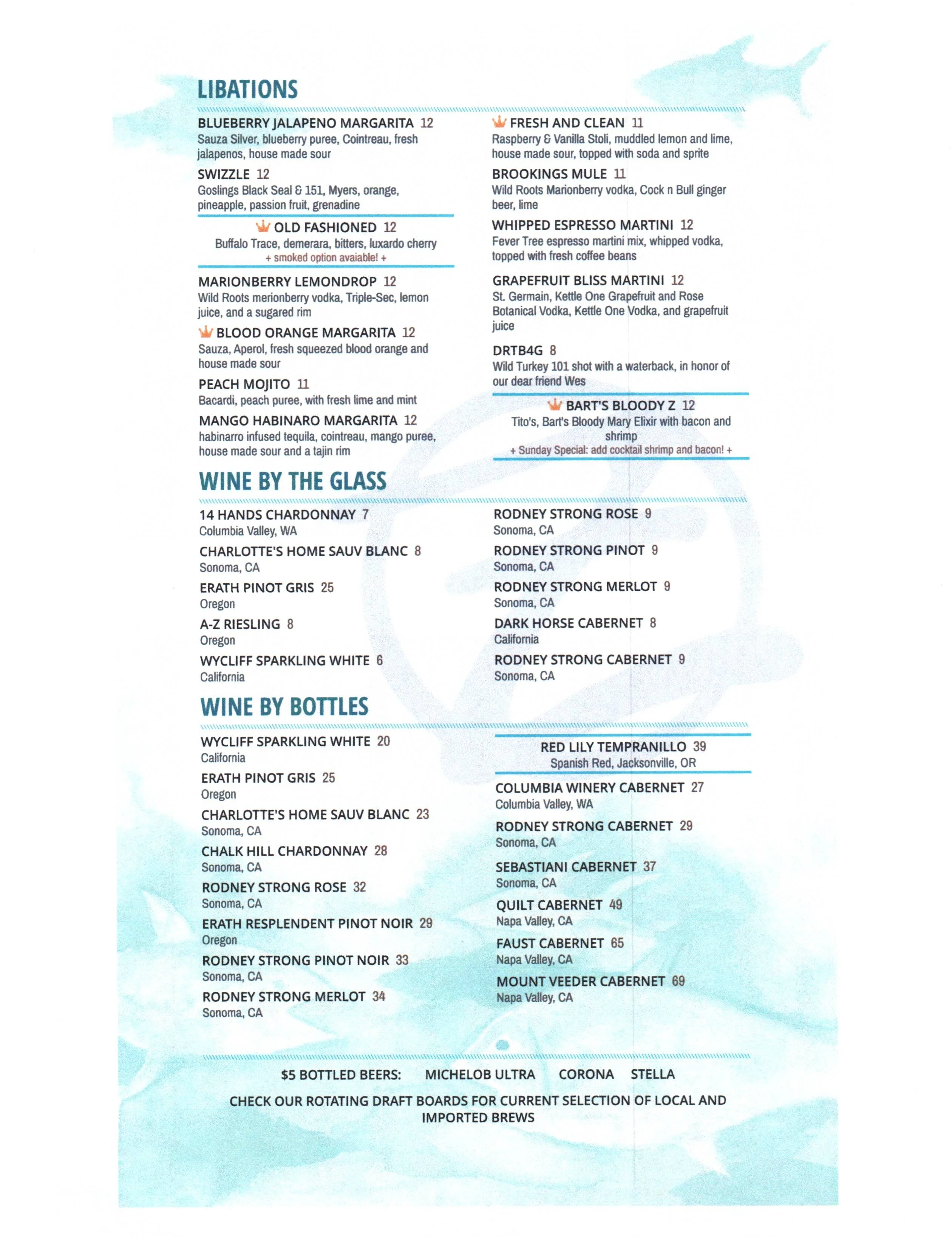 Drink and wine menu featuring cocktails and wine selections.