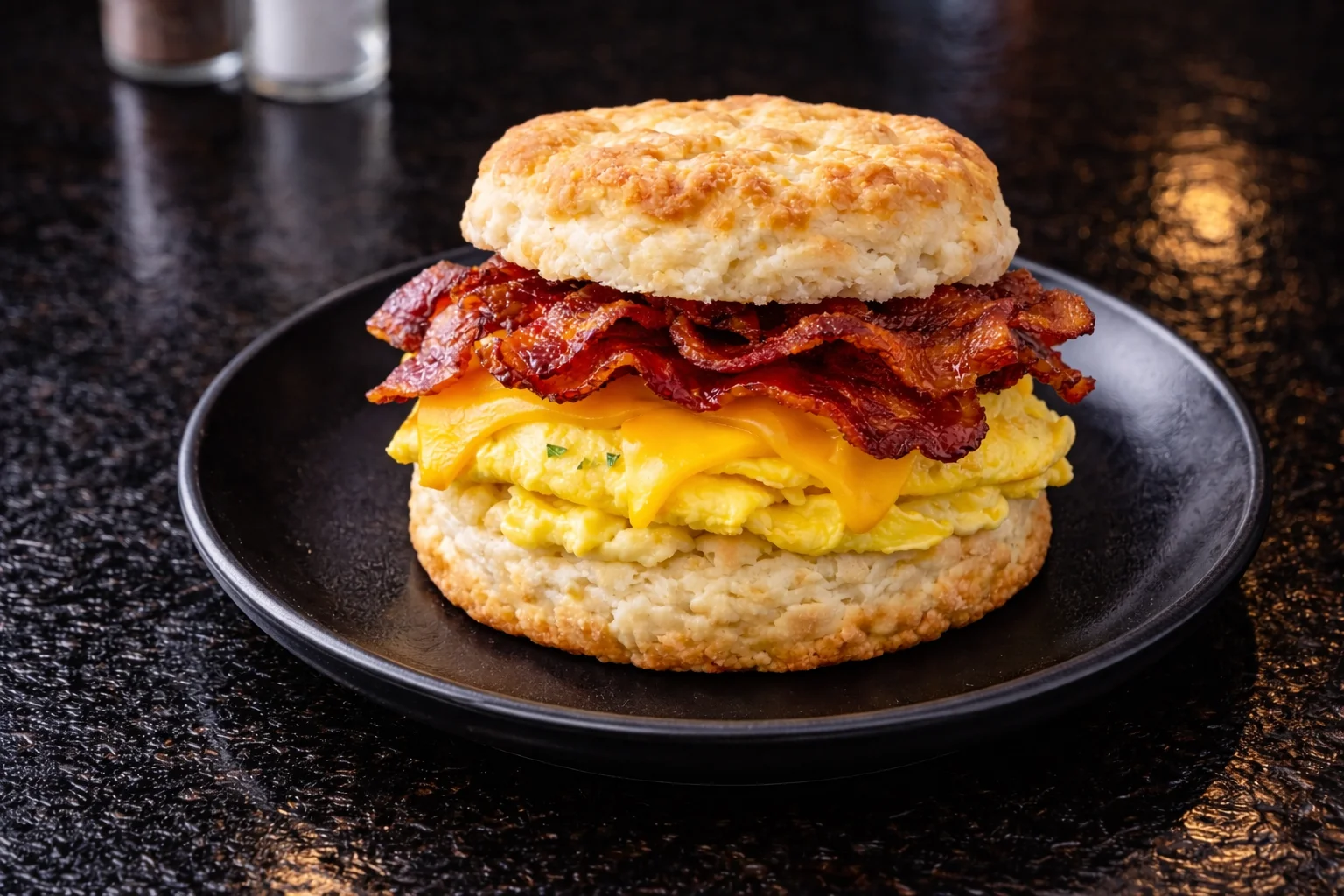 A hearty breakfast sandwich featuring layers of crispy bacon, scrambled eggs, and cheese, all nestled between two flaky biscuit halves. Served on a black plate.