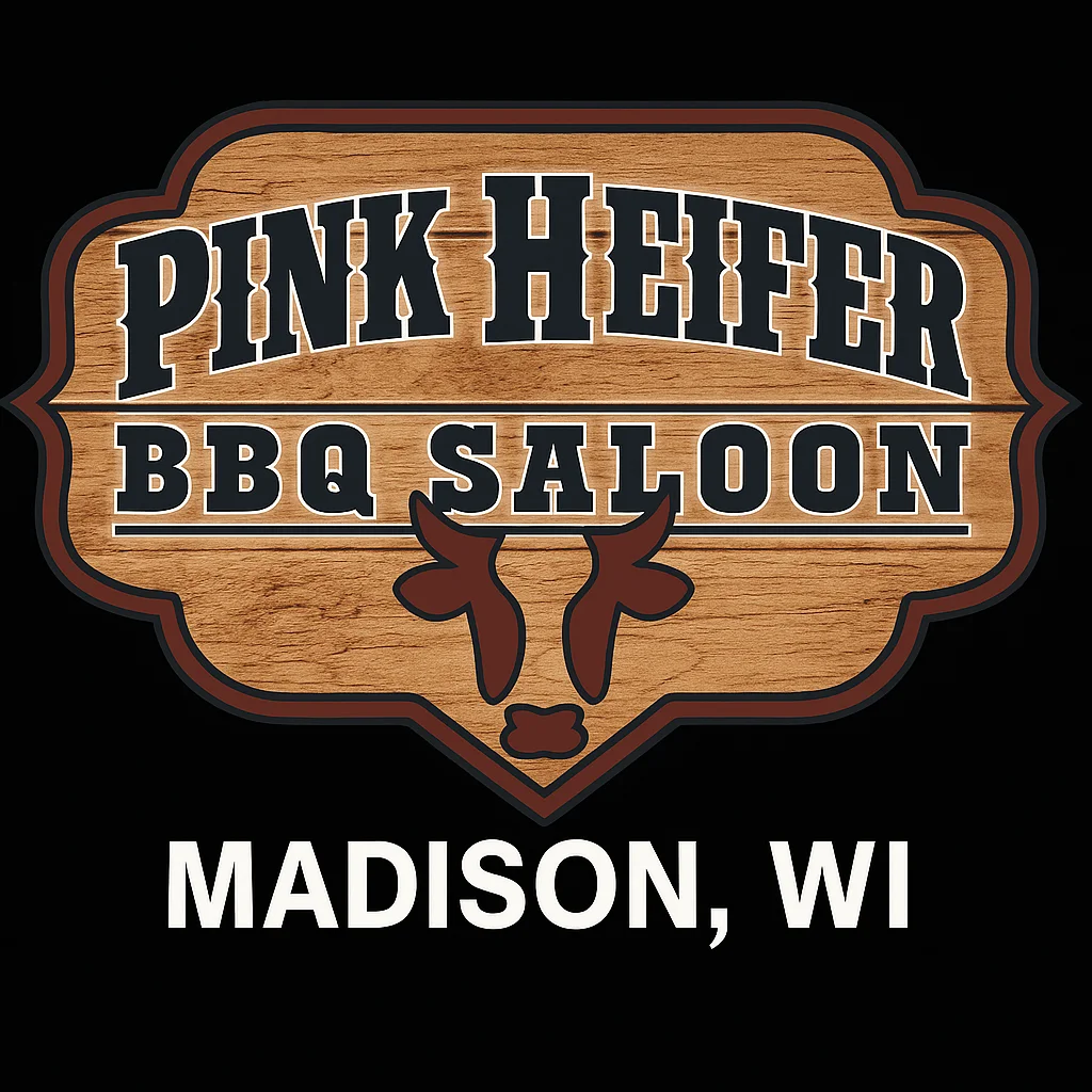 A wooden sign featuring the name of a BBQ establishment with decorative elements including cow horns.