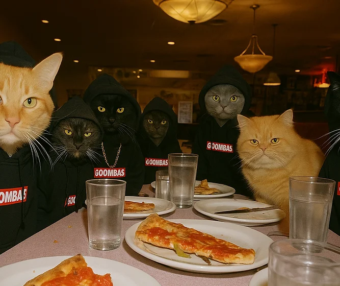 Cats in hoodies enjoying pizza at a restaurant table