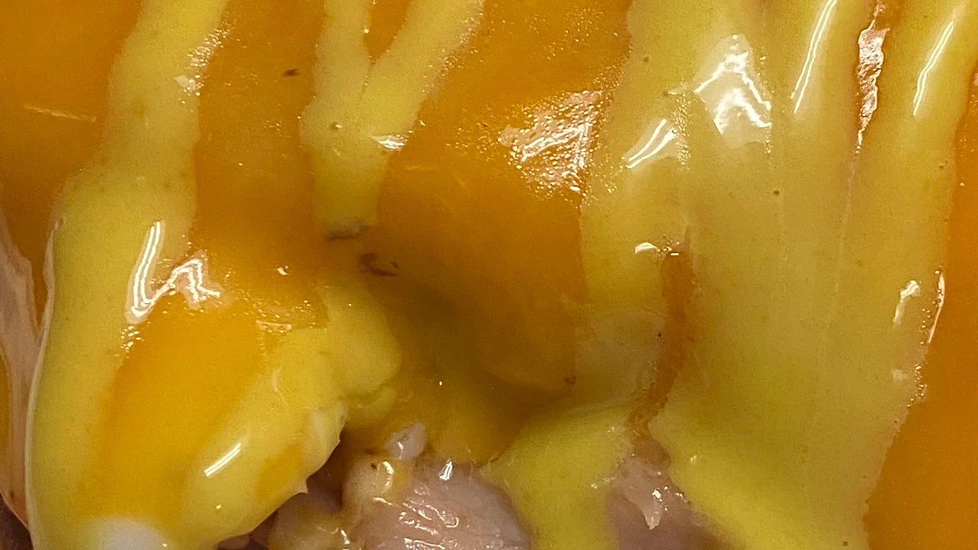 Caveman sandwich with bun, cheese, meats, and honey mustard