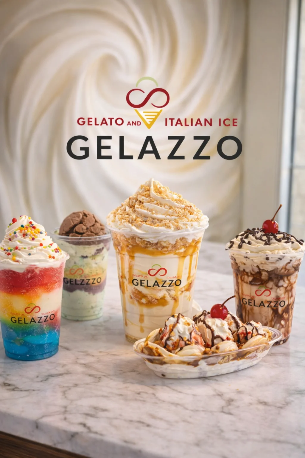 A logo for a gelato and Italian ice brand featuring a stylized ice cream cone and elegant typography.