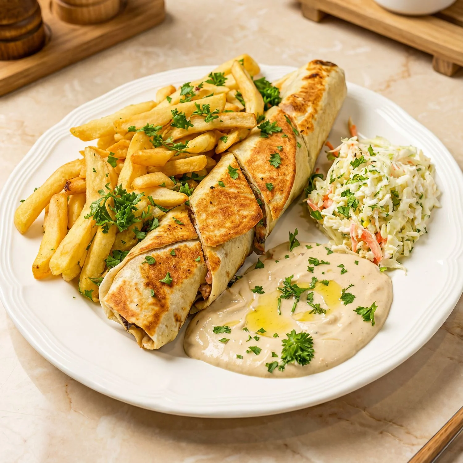 Delicious burrito plate with fries and coleslaw