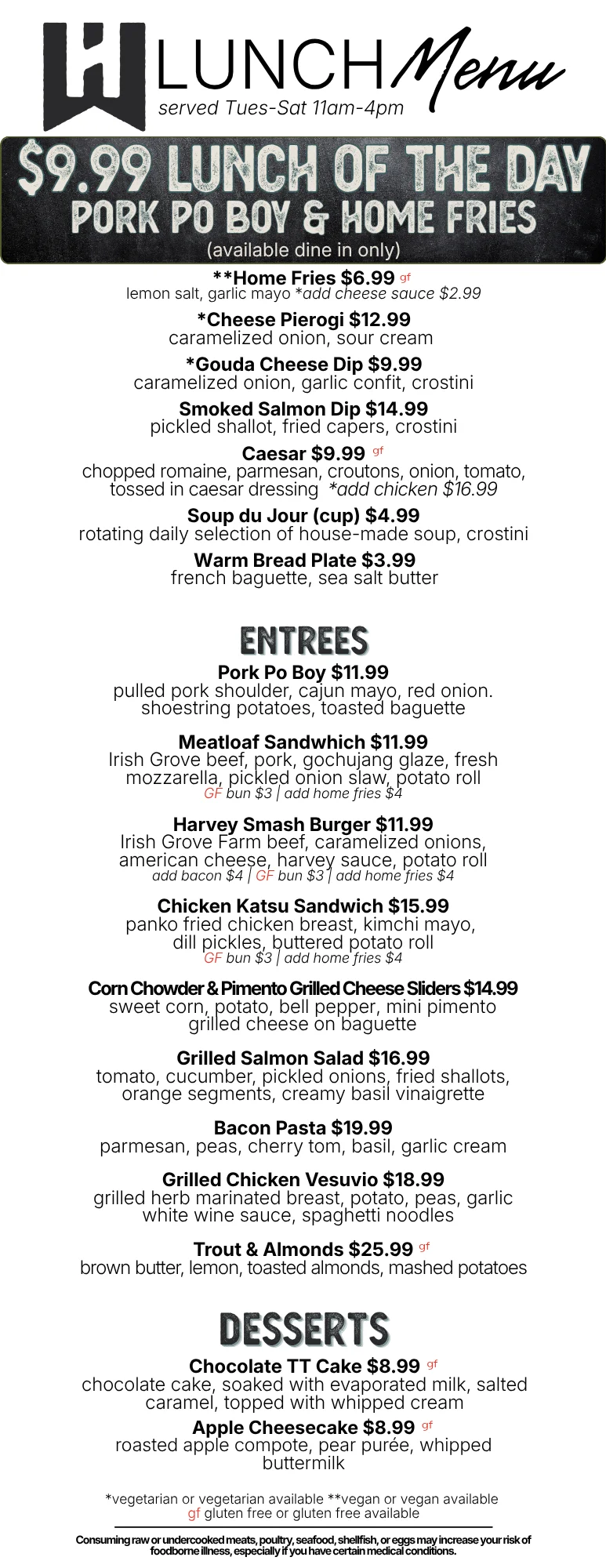 Restaurant lunch menu featuring sandwiches, entrees, desserts, and daily specials