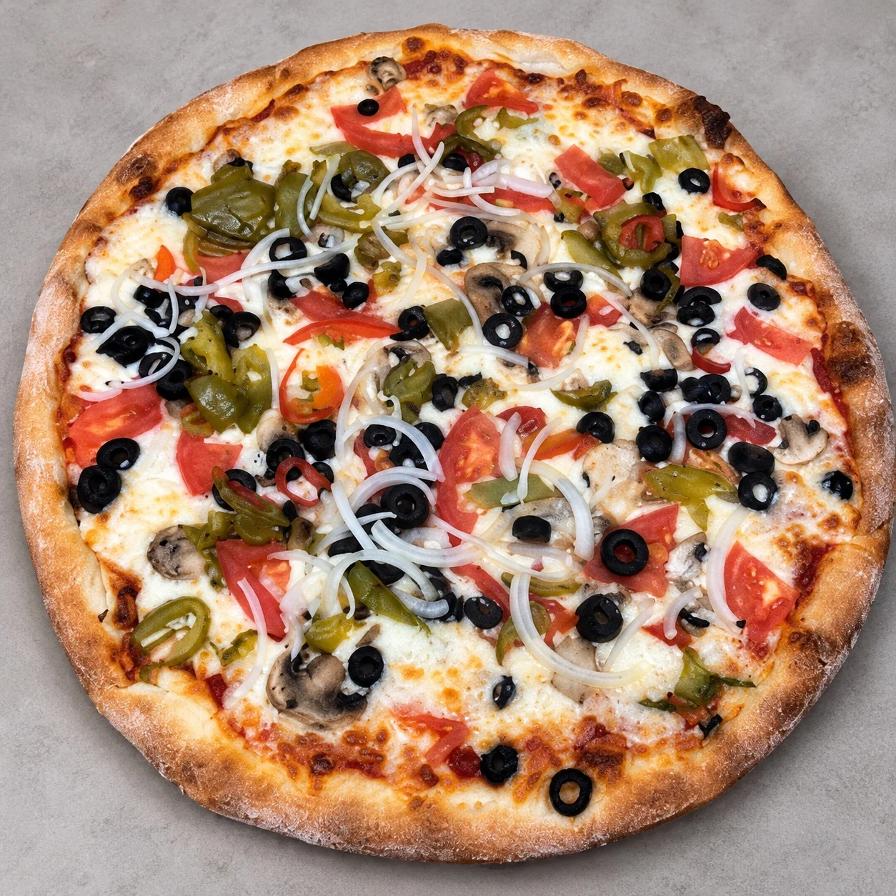 Pasquale’s vegetable pizza with tomatoes, peppers, onions, mushrooms and black olives