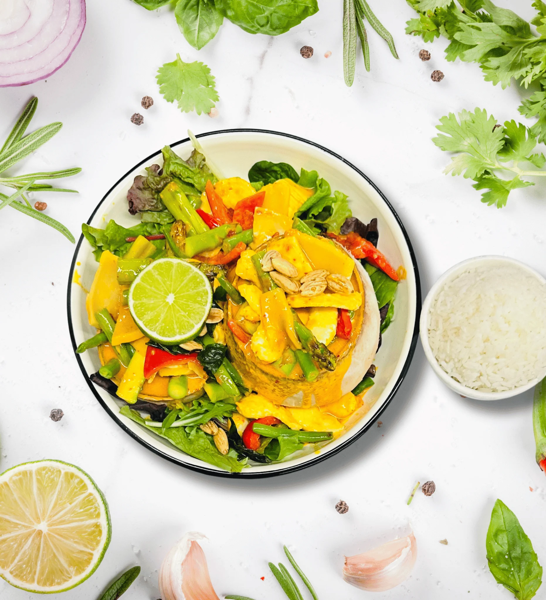 E. Freshly-Cut Whole Coconut with Vegetables and Red Curry