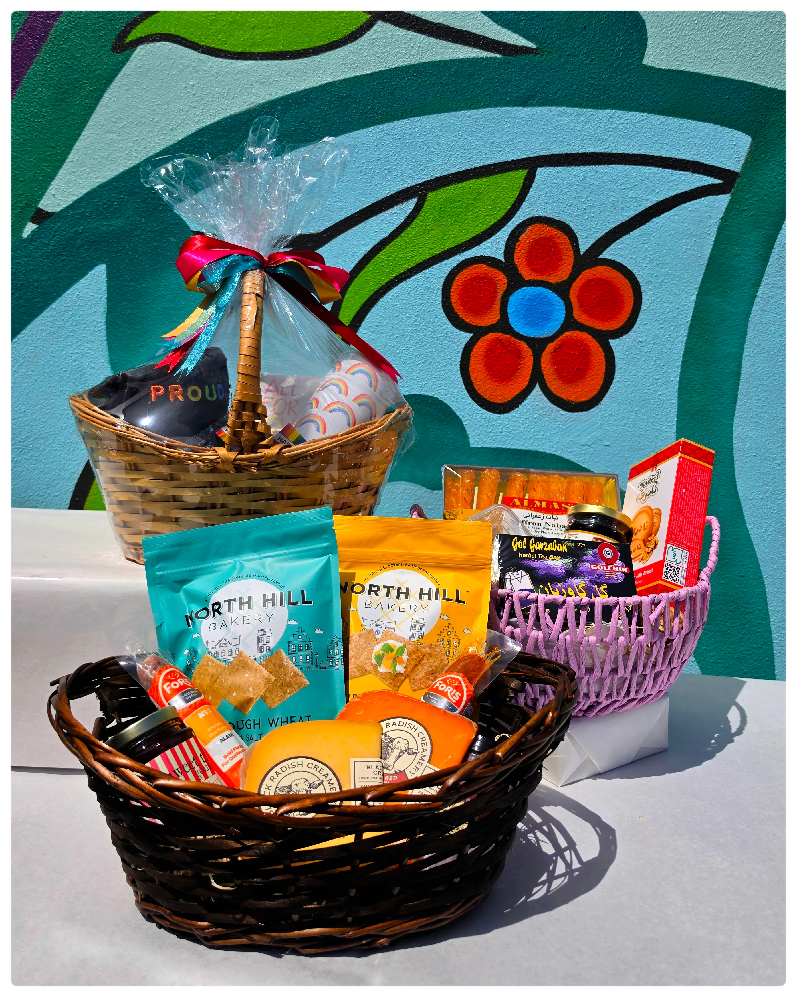 Gift baskets featuring gourmet snacks and treats
