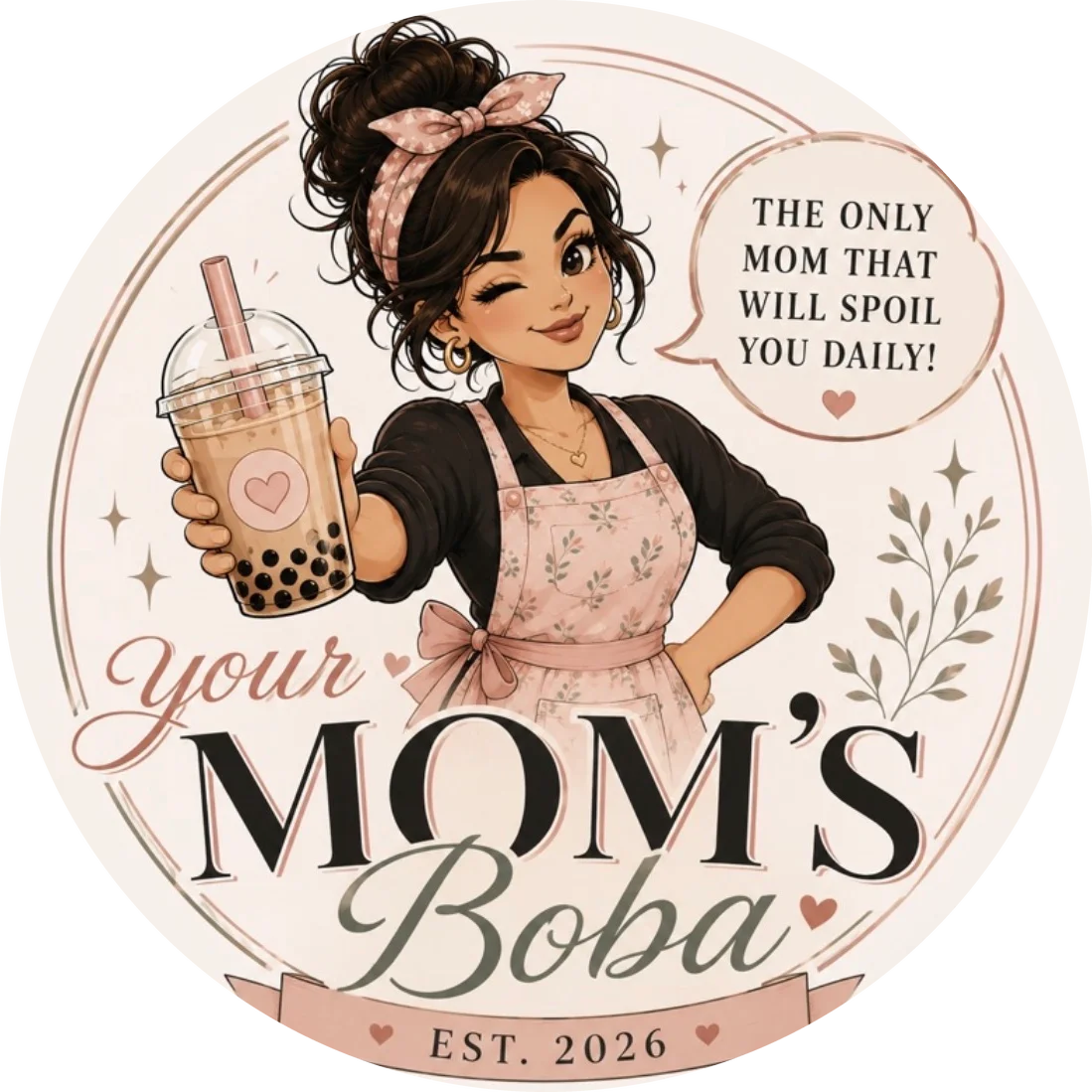 A decorative logo for a boba shop featuring a character holding a boba cup, surrounded by floral elements and a playful tagline.