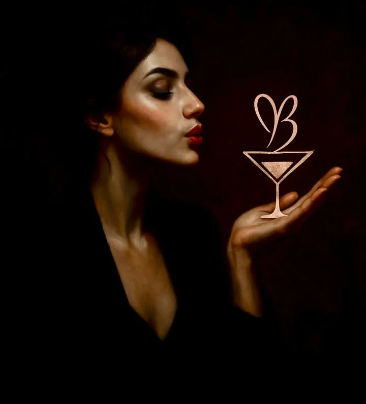 Elegant woman blowing a kiss with a cocktail illustration