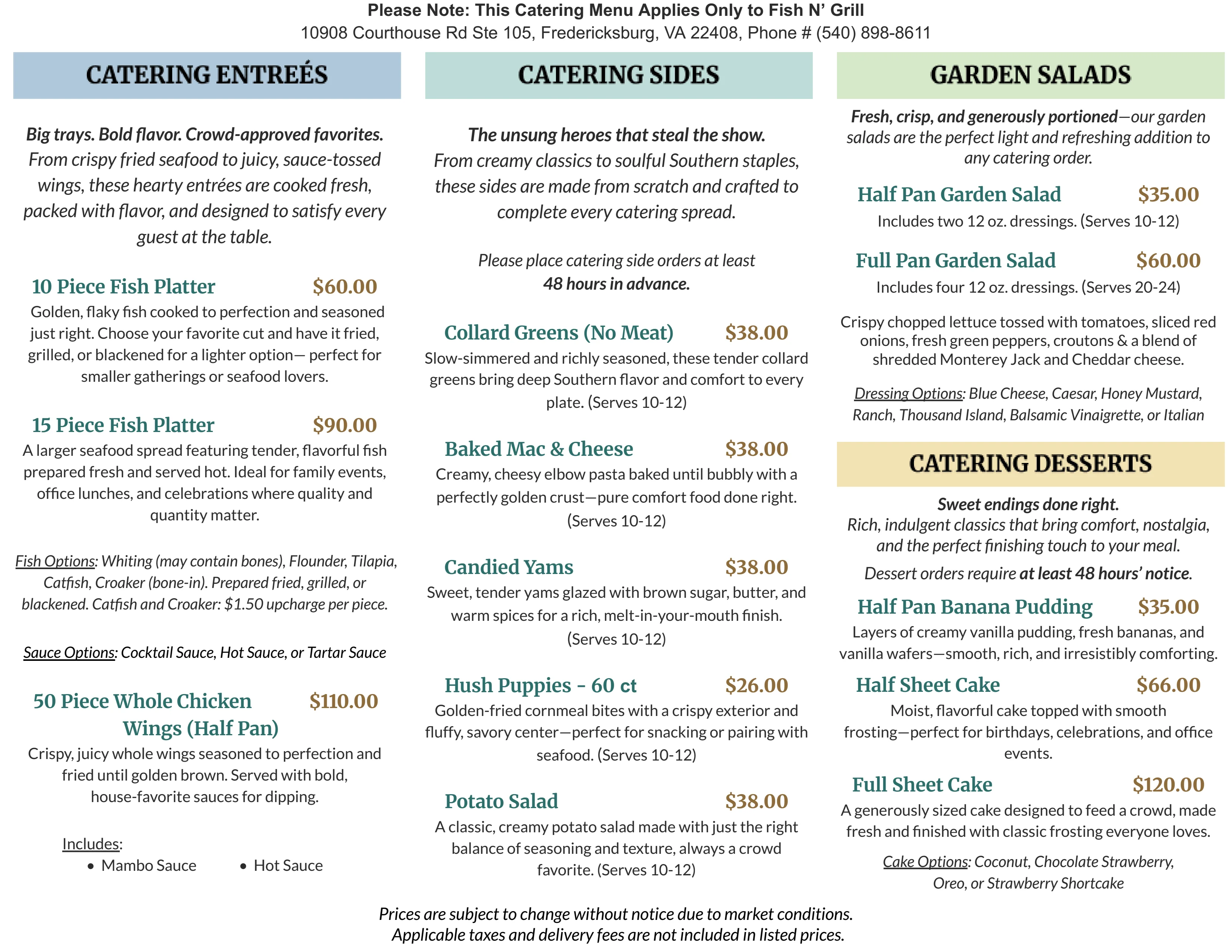 Catering menu page featuring seafood and grill options.