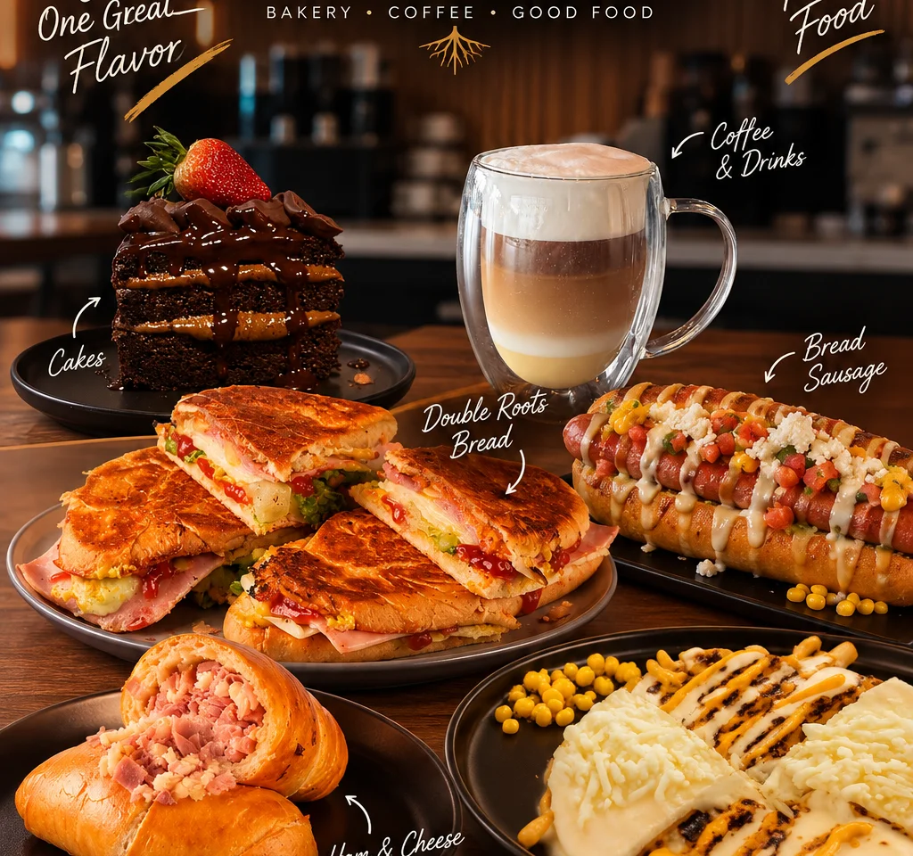 Pan and Roots bakery spread with coffee, cakes, sandwiches, cachito, and sausage bread