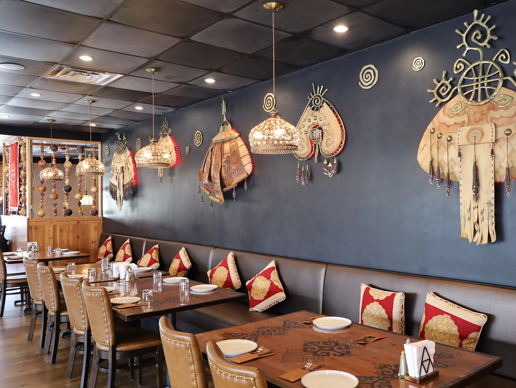 Cozy restaurant interior with unique decor and warm lighting