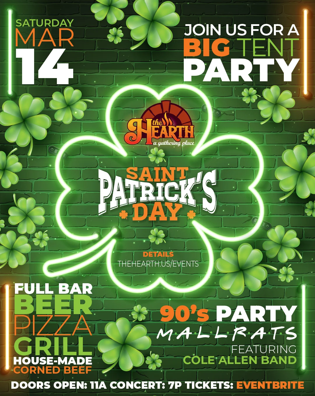 St. Patrick's Day celebration poster with festive decorations and event details