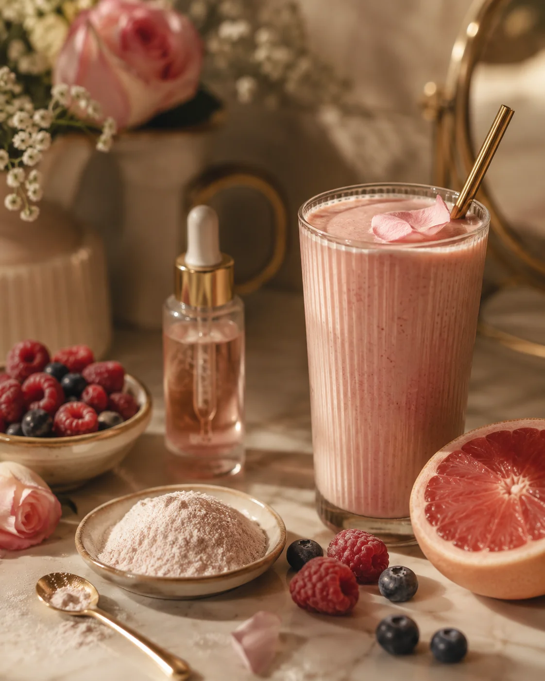 Refreshing smoothie with berries and floral accents