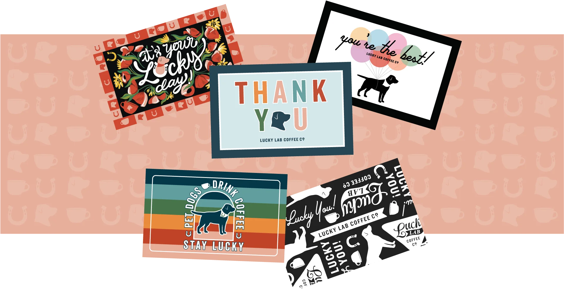 Colorful gift cards from Lucky Lab Coffee Co.