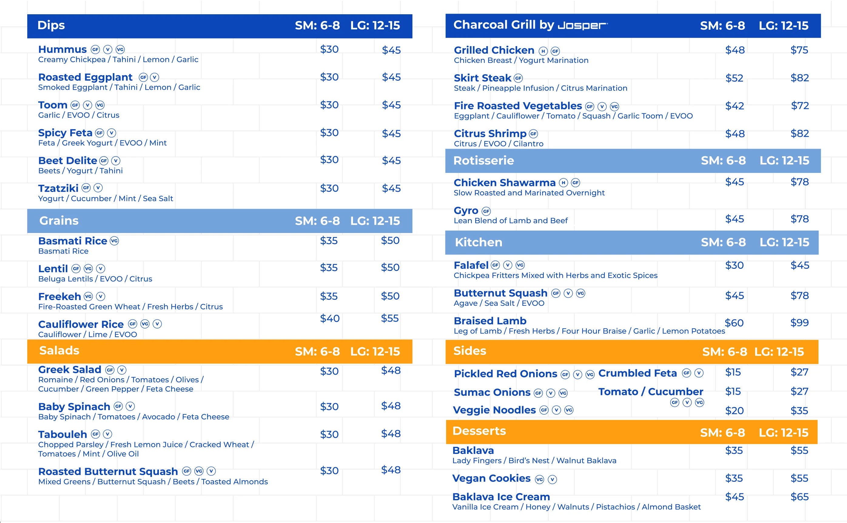Catering menu options with various dishes and prices.