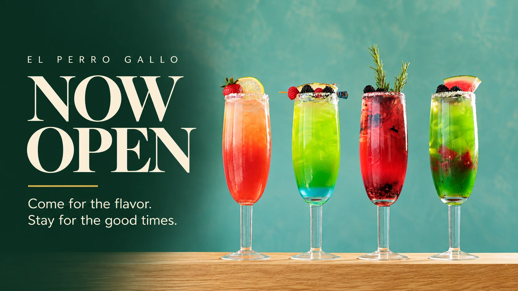 Colorful fruit cocktails in elegant glasses on a bar counter