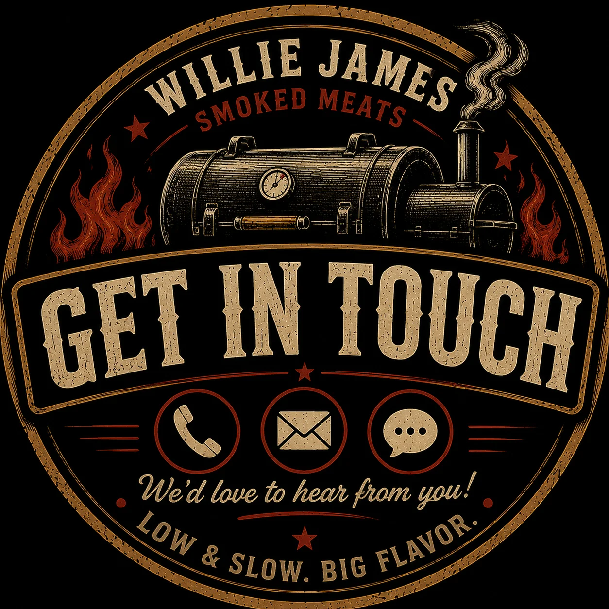 Vintage logo for Willie James Smoked Meats with contact info