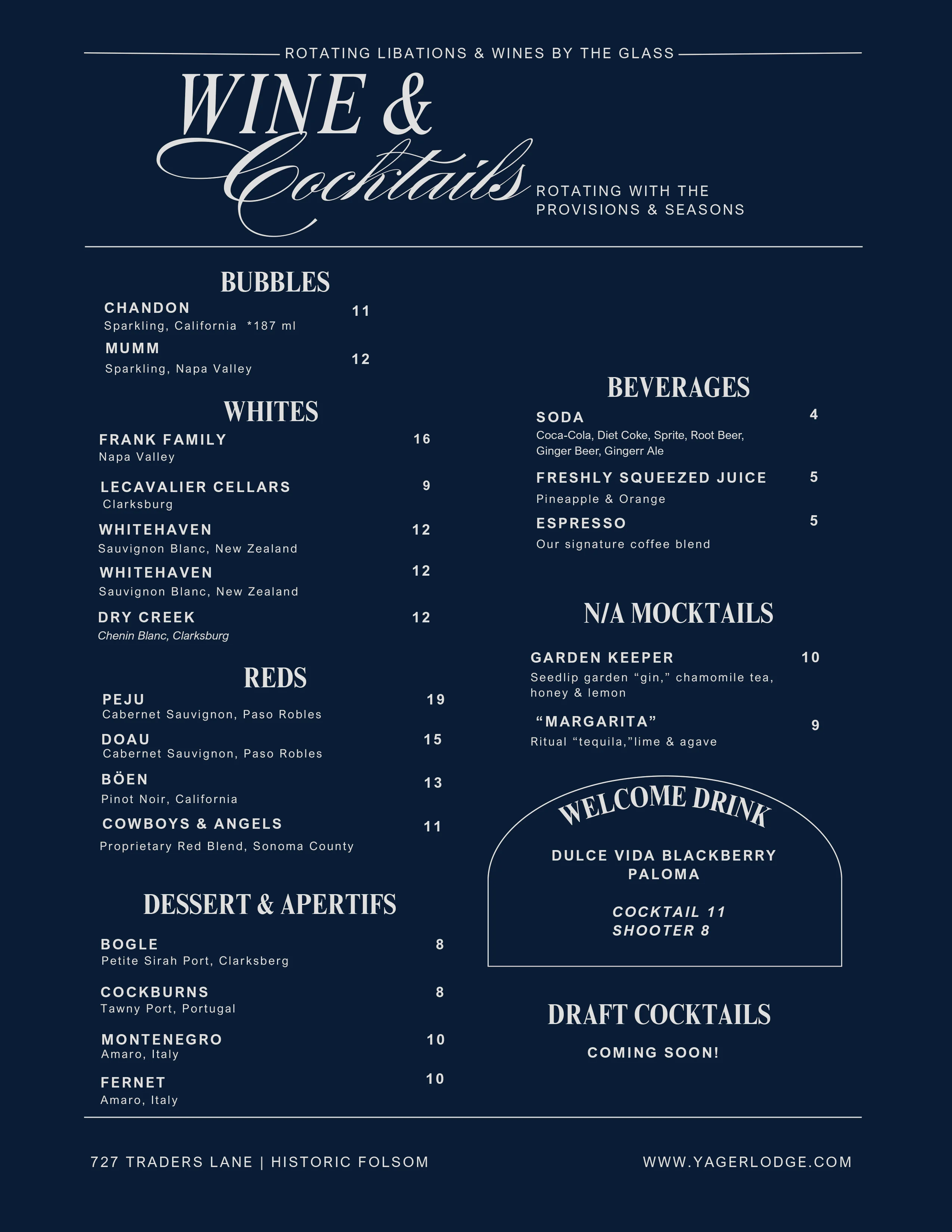 Wine and cocktail menu featuring diverse selections
