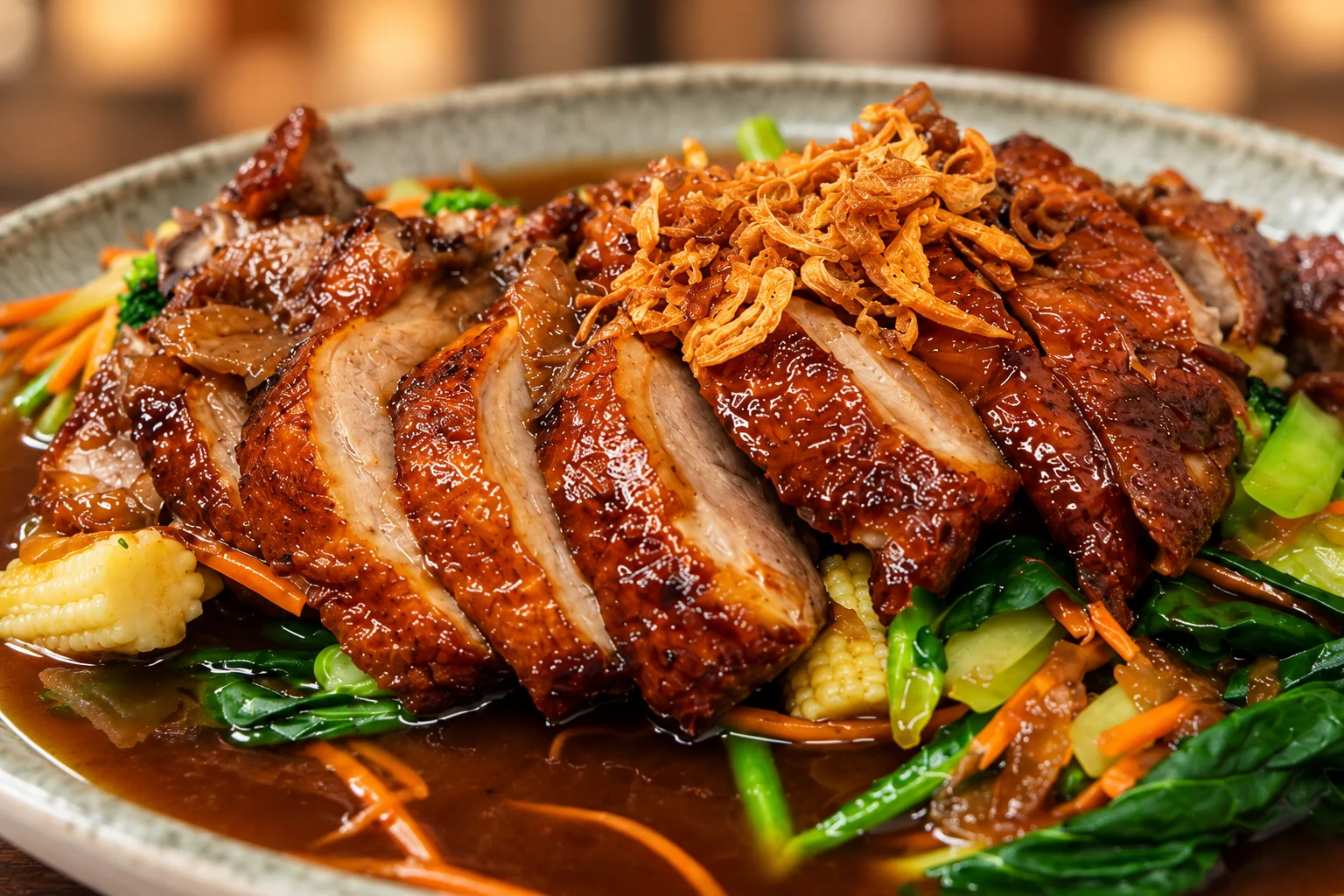 Crispy duck with tamarind sauce over vegetables, topped with fried shallots