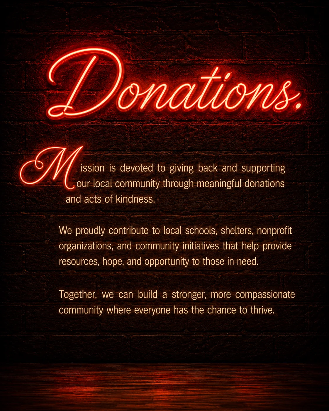 Community donation message in neon lights