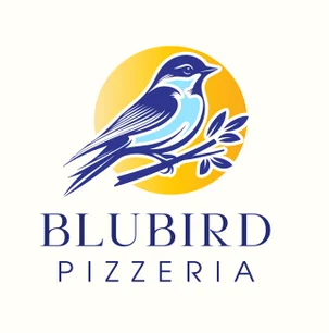 A colorful logo featuring a blue bird perched on a branch with a yellow circular background, representing a pizzeria.