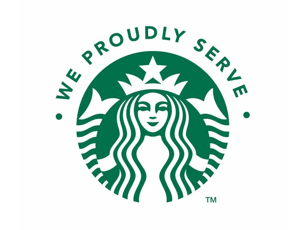 Starbucks logo with the phrase 'We Proudly Serve'