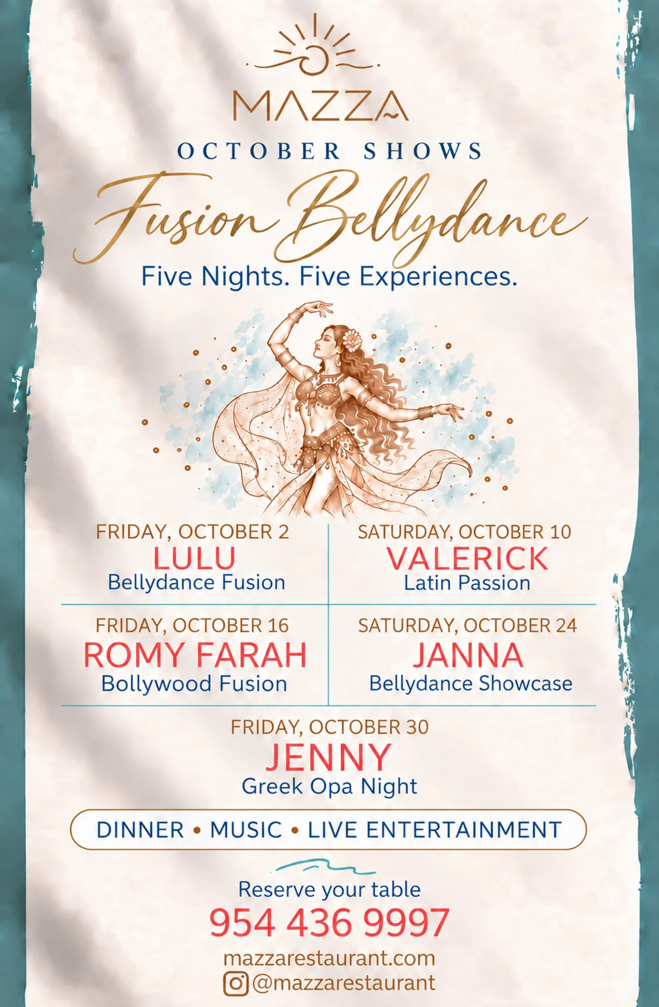 September bellydance show schedule at Mazza restaurant