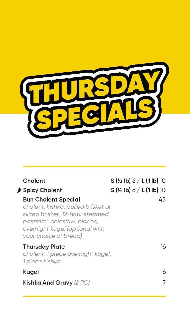 Thursday specials menu featuring traditional Jewish cholent and kugel